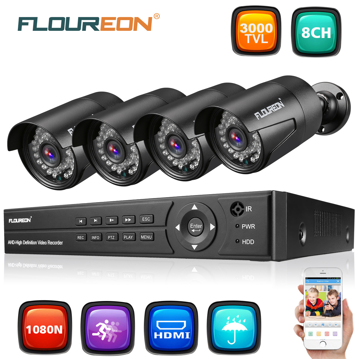 FLOUREON 1 X 8CH 1080P 1080N AHD DVR + 4 X Outdoor 3000TVL 1080P 2.0MP