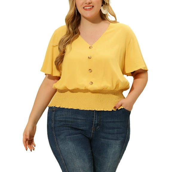 Unique Bargains Women's Plus Size V Neck Button Up Short Sleeve Shirred Top Blouse 1X Yellow