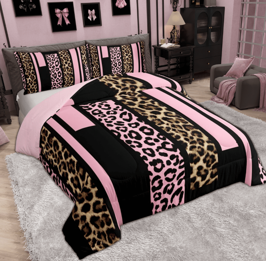 Feelyou Pink Cheetah Print Bedding Comforter Set for Women, Fashion Abstract Ombre Twin Comforter Sets, Leopard Wildlife Reversible Bedding Set, Luxury Bedroom Decor, 2-Piece