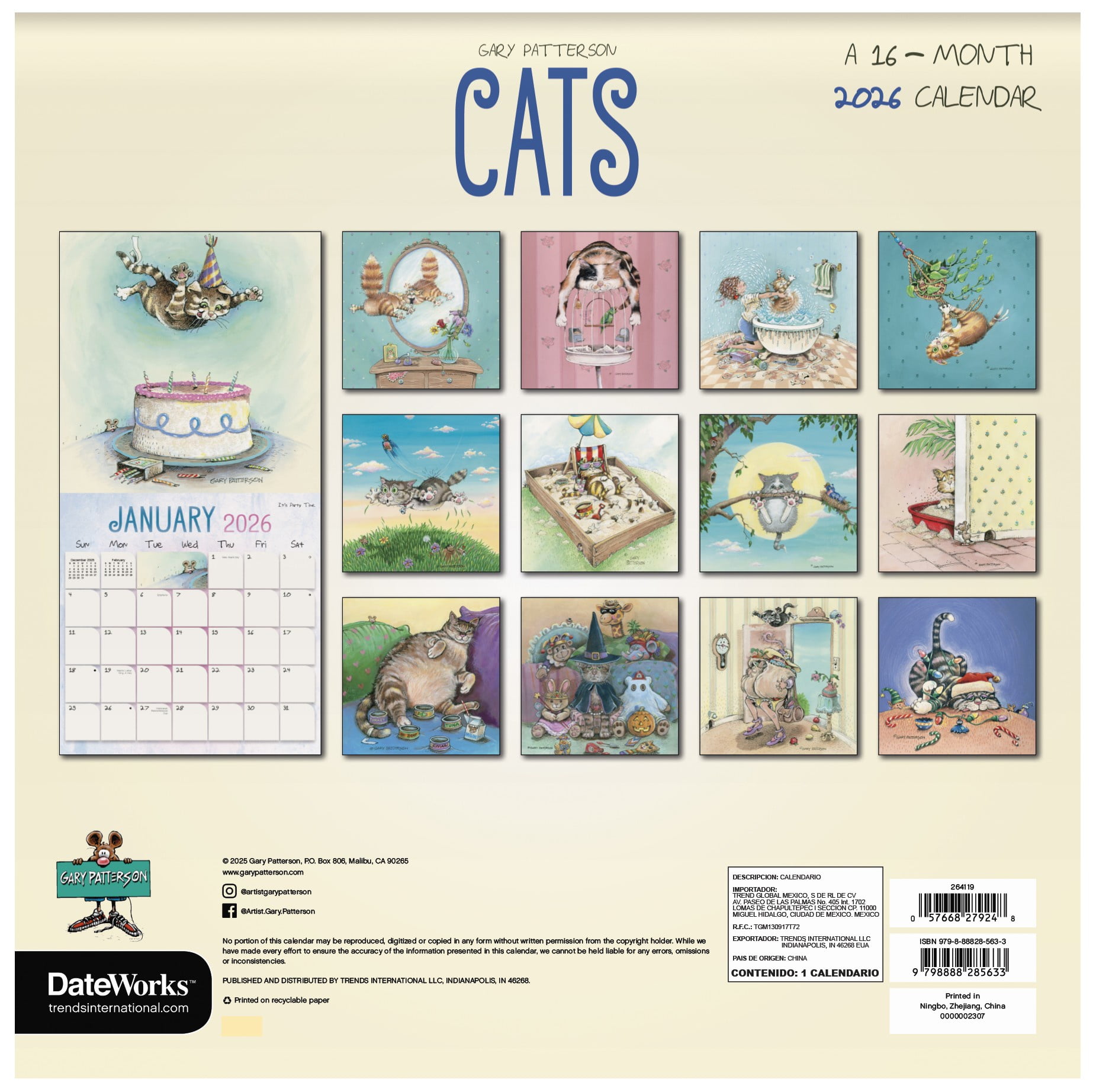 Gary patterson cats Wall Calendar, 16 Months, by Treads International