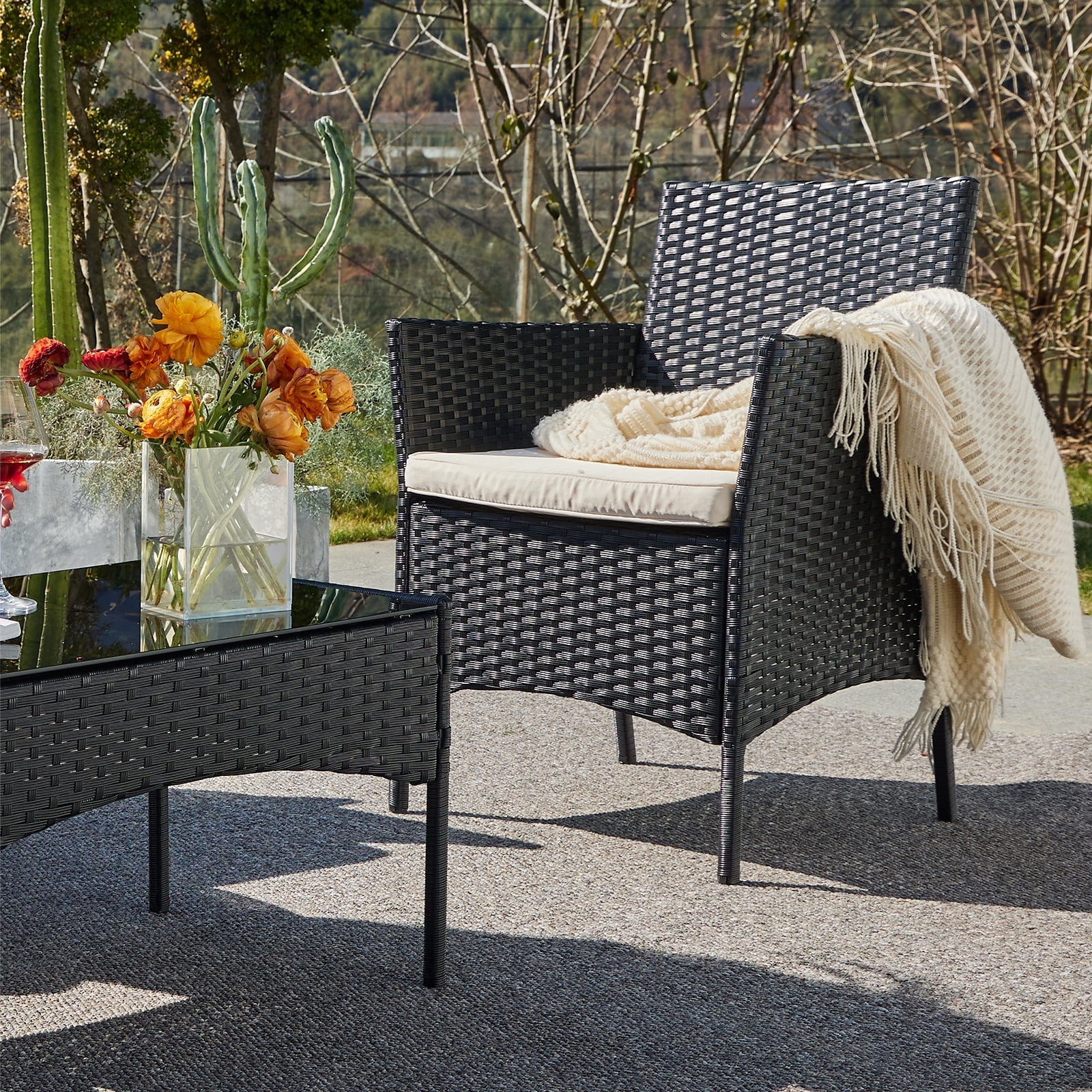 GIANNA Outdoor Wicker Furniture Set 4 Pieces, Patio Furniture, With Soft Cushion and Glass Table, For Garden, Balconies, Lawns, Black