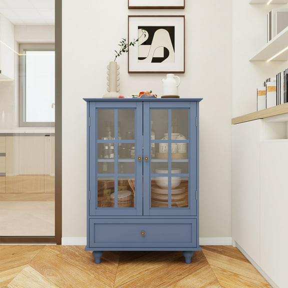 MDQMD Blue Storage Cabinet with Glass Door & Adjustable Shelf,Kitchen Floor Cabinet with Drawer for Living Room