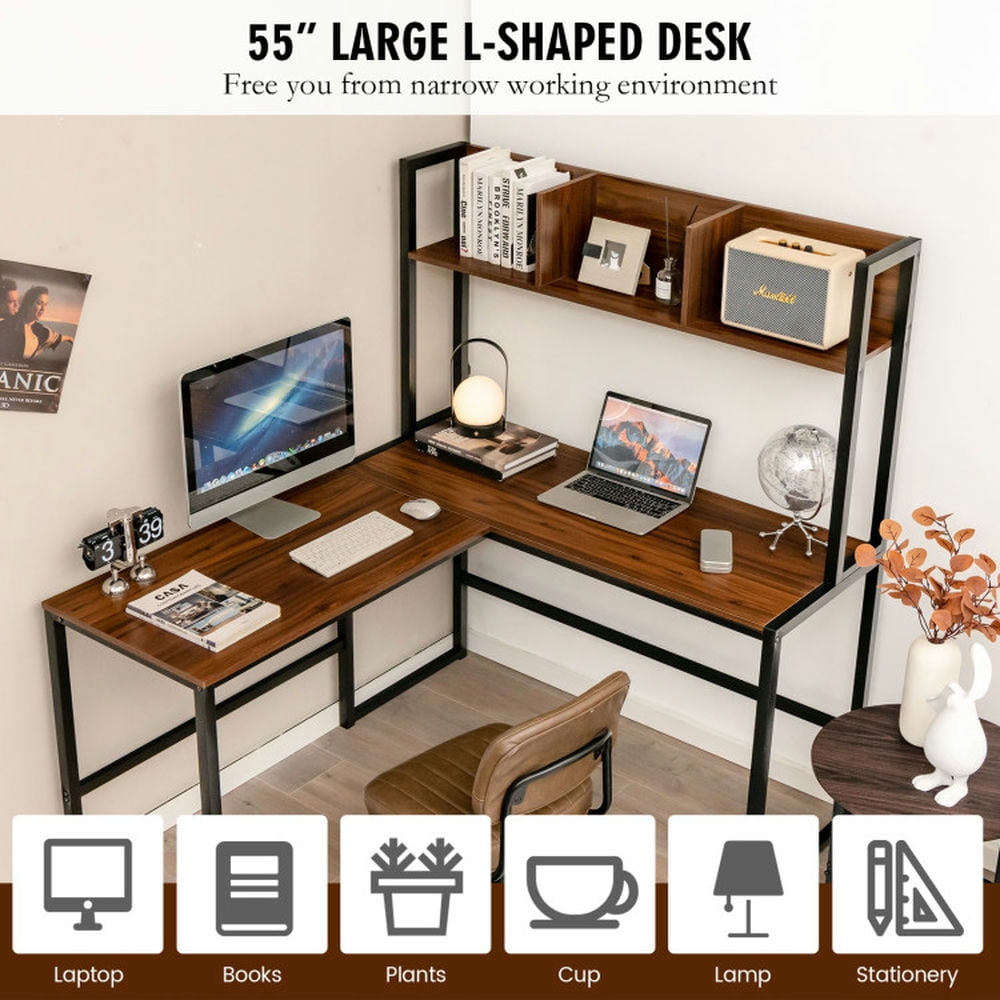Demi Bonn Reversible L-Shaped Corner Desk with Storage Bookshelf, Small Home Office Desk Study Writing Table, Walnut