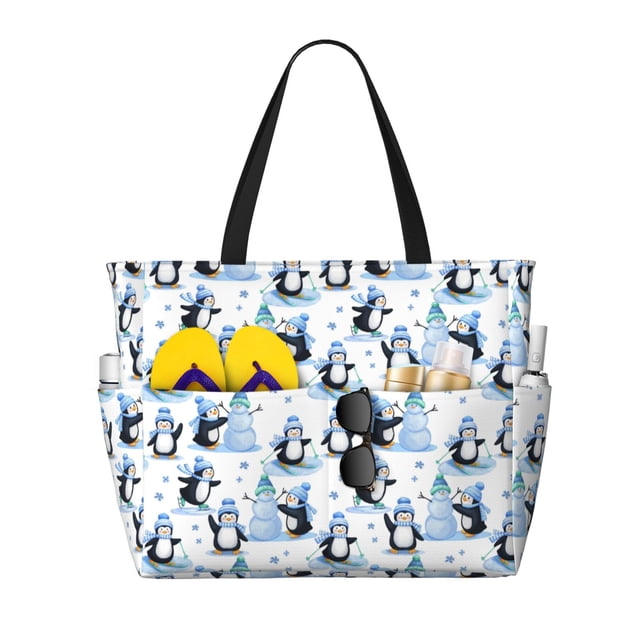 Disketp Playful Penguins and Snowmen Bolsa de Playa de Gran Capacidad, Bolso Impermeable y a Prueba de Arena para Mujer, Ideal para Playa, Piscina y Natación