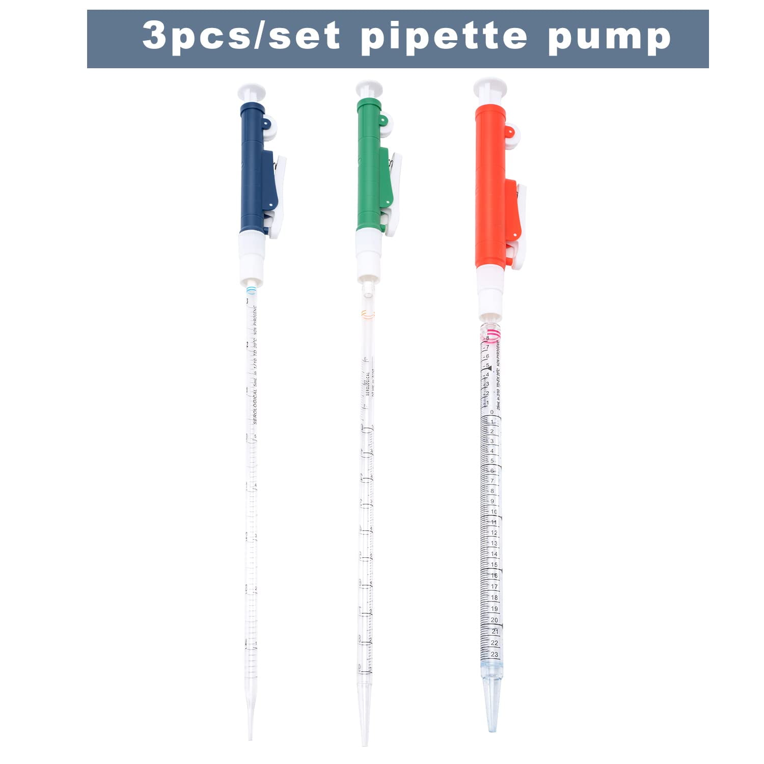 ABPETE  Pipette Pump，Set of 3 Lab Pipettes, 2ml Blue, 10ml Green, 25ml Red, Fit Plastic or Glass Pipettes.