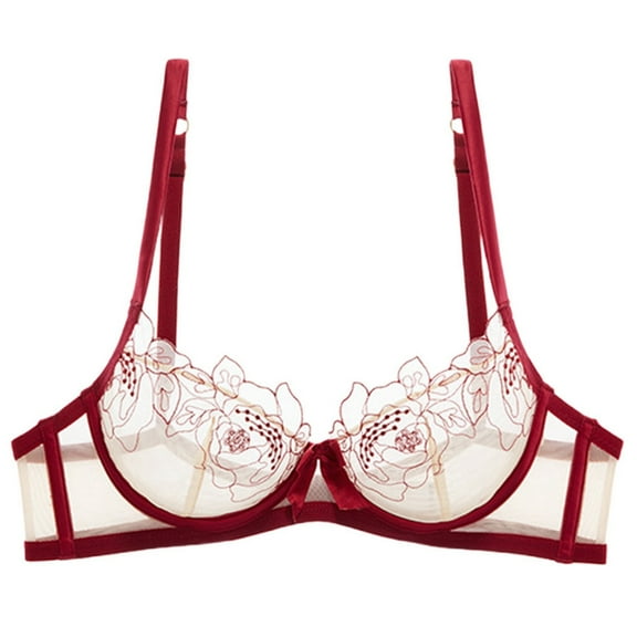 khonts,Women's 3/4 Cup Underwire Sexy Bra Embroidery Demi See Through Bras Push up Mesh Sheer Unlined Bralettes Red 38