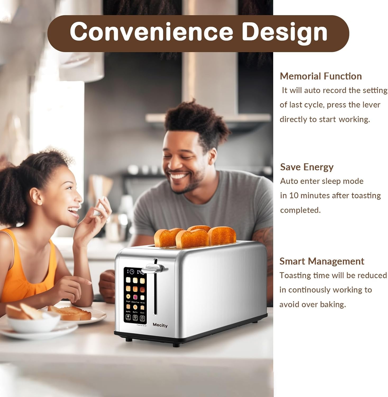 4 Slice Toaster Touch Screen 1.5" Long Slot, Stainless Steel Smart Bread Toaster for Bagel Muffin Waffle Gluten Free Breads, Timer, Defrost, Reheat, 120V 1400W