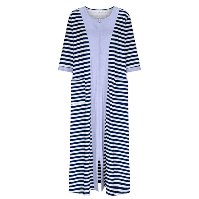 HUJlwoi Chemise de Nuit Imprimée pour Femmes Rayée Longue Robe de Bain Zippée Robe Décontractée Chemise de Nuit Manches 3/4 avec Poches