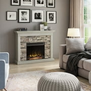 Rustic Wall Mantel Electric Fireplace with Stacked Stone Look