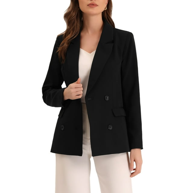INSPIRE CHIC Veste pour Femme, Revers Cranté, Double Boutonnage, Blazer à Épaules Rembourrées, L Noir-Uni
