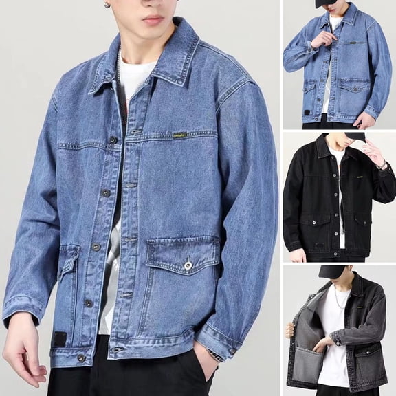 Joernso Men Denim Jacket Lapel Long Sleeve Jacket Coat with Large Pockets Spring Autumn Button Closure Cargo Outwear