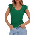 thumbnail image 2 of Womens Summer V Neck Ruffle Sleeveless Slim Fit T-Shirts Green S, 2 of 7