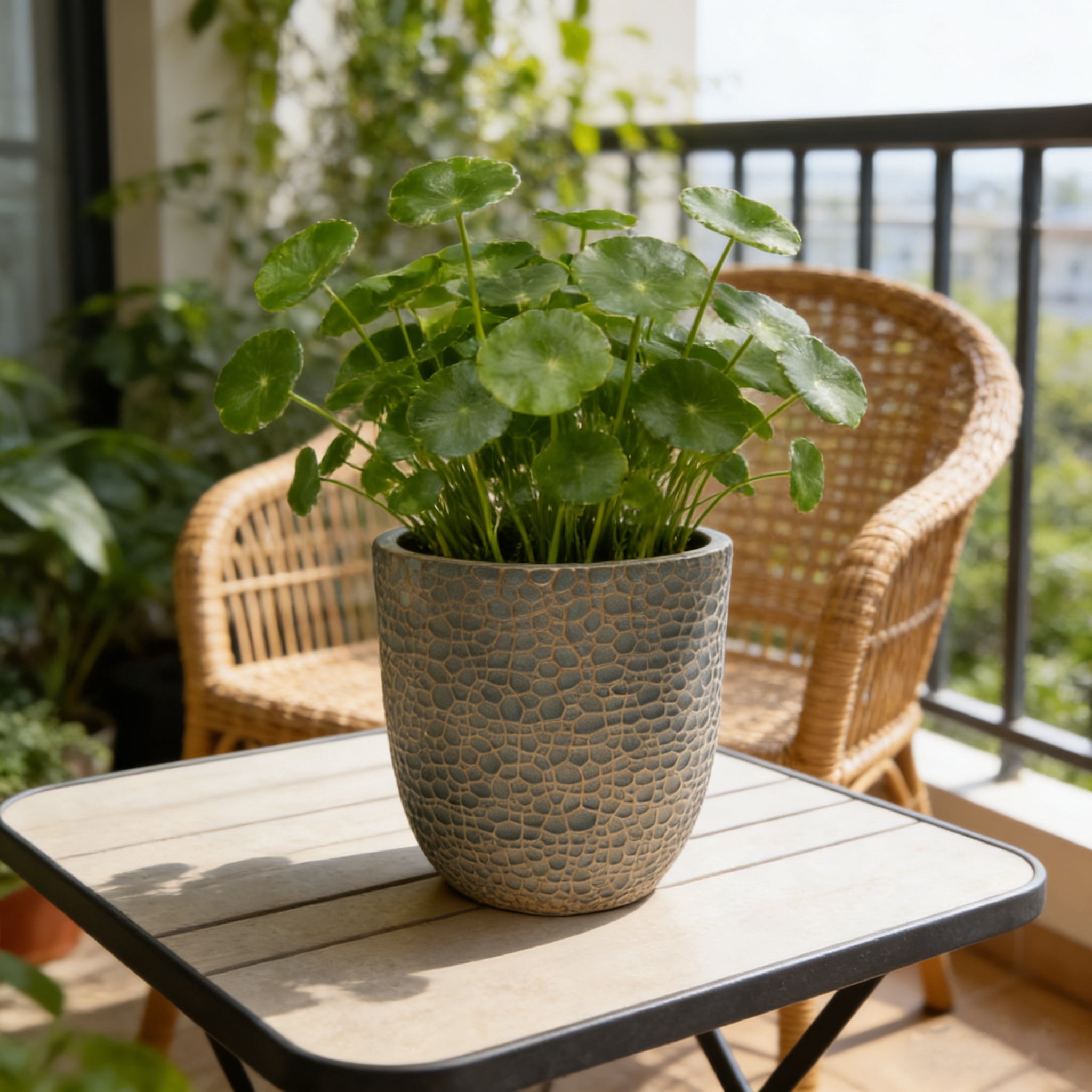 Outdoor Planter Set, 3 Pack Round Magnesium Oxide Plant Pots with Drainage Holes for Home Garden Patio, Gold Grey-Blue