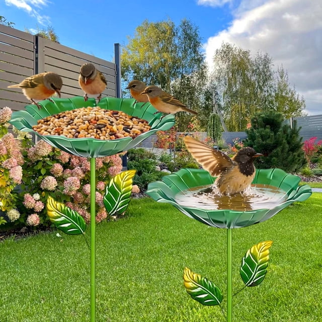 Bebedero para pájaros de metal vertical con estaca, bebedero y comedero desmontables, decoración vintage de jardín para aves, hierro resistente a la intemperie, 80x27 cm.