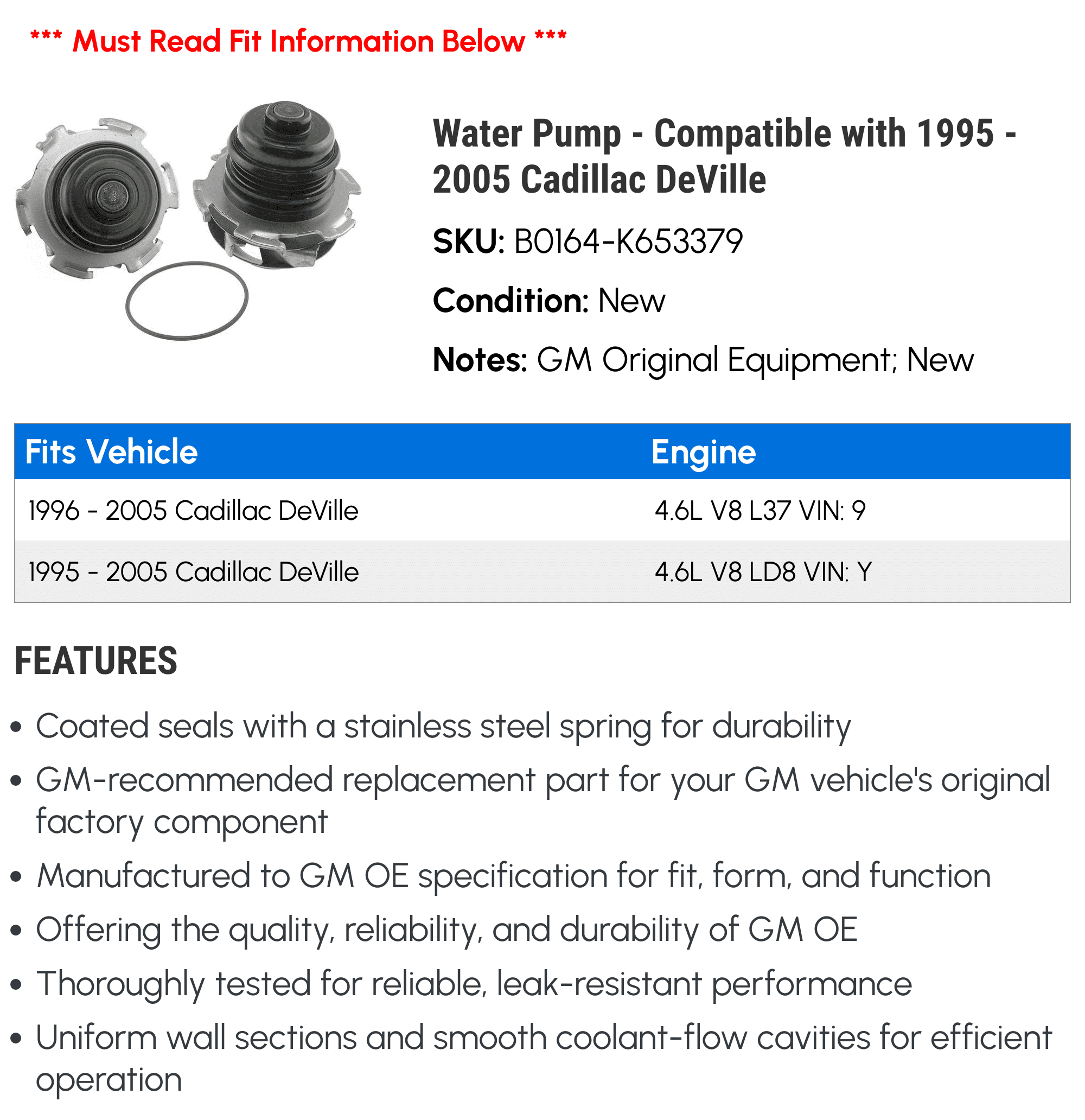Water Pump For Cadillac DeVille, Eldorado, Seville, Olds Aurora, Pontiac Bonneville (1995-2005) – Replaces 89017467, 12487361