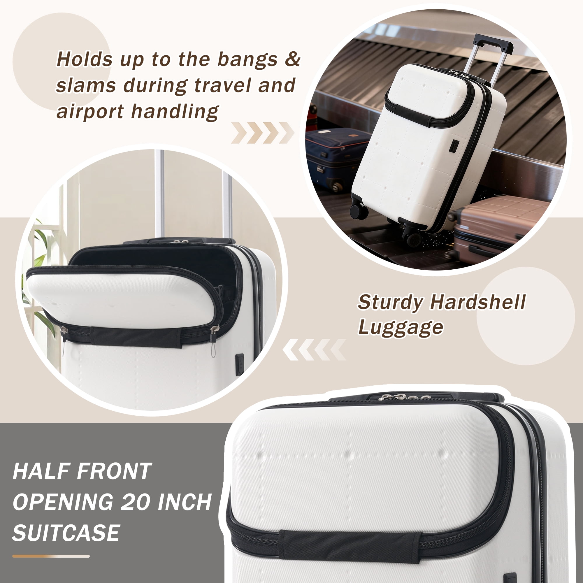 Euroco Luggage Sets 5 Piece, ABS Hardside Expandable Suitcase Set with TSA Lock Spinner Wheels and 2 Bags,20" Half-opening Carry on Luggage with USB Port for Travel,White(20"/24"/28")