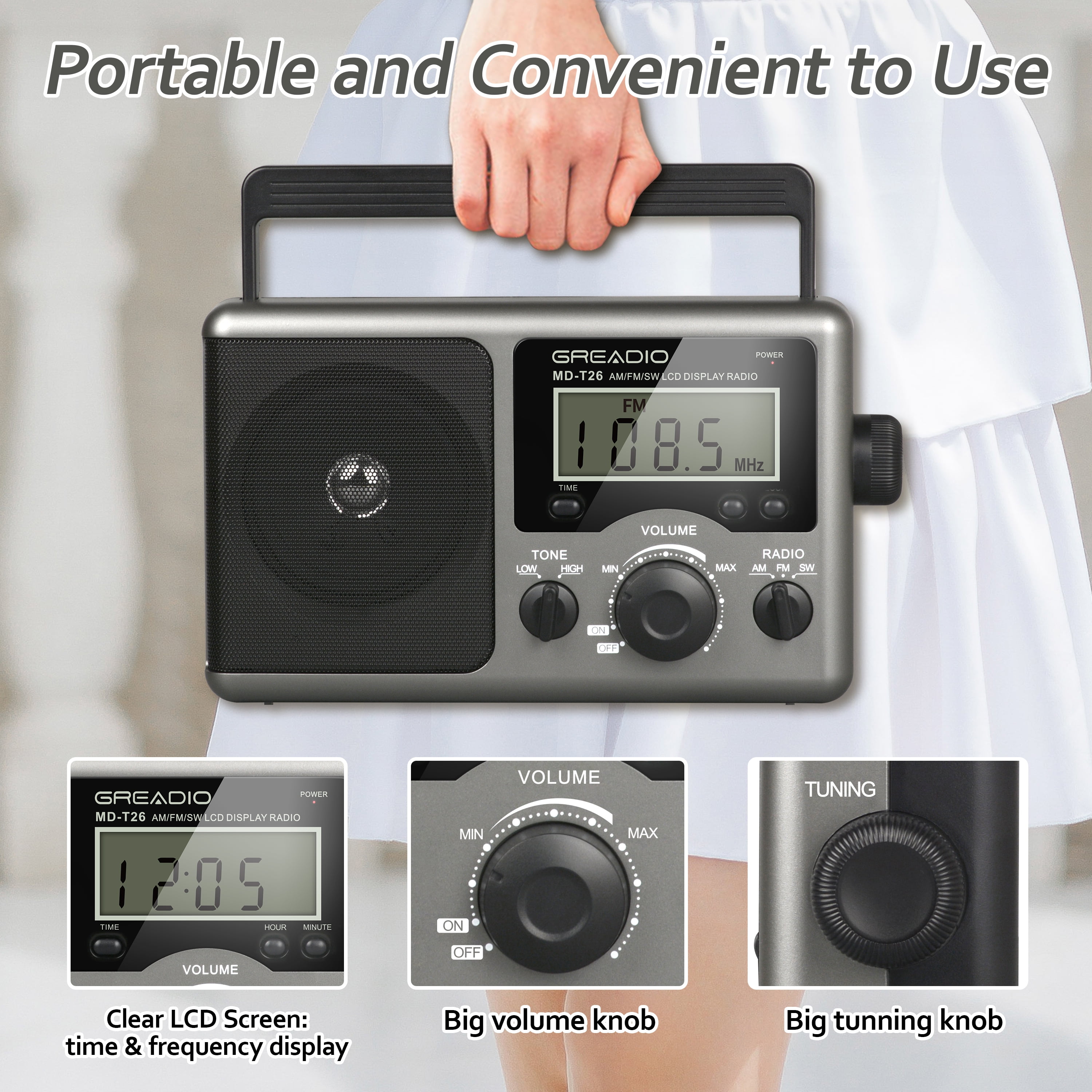 Greadio Portable Shortwave Radio with Best Reception,AM FM Radio for Home,LCD Display,Time Setting for Gift, Elder, Outdoor, Party