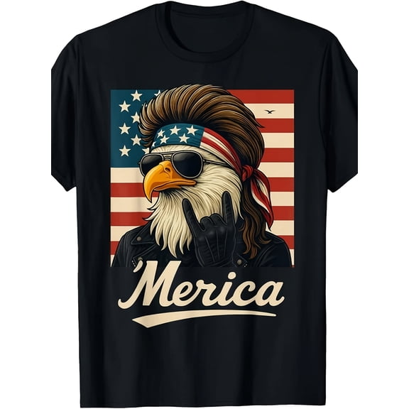 Eagle Merica Rock American Flag Patriotic Humorous 4Th of July T-Shirt Available in Unisex Style for 2026 Summer Short-Sleeve Printed Tee 180G
