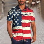 WREESH Men Summer Button Up Shirt American Flag Print Short Sleeve Casual Hawaiian Beach Shirt 4th of July with Pocket