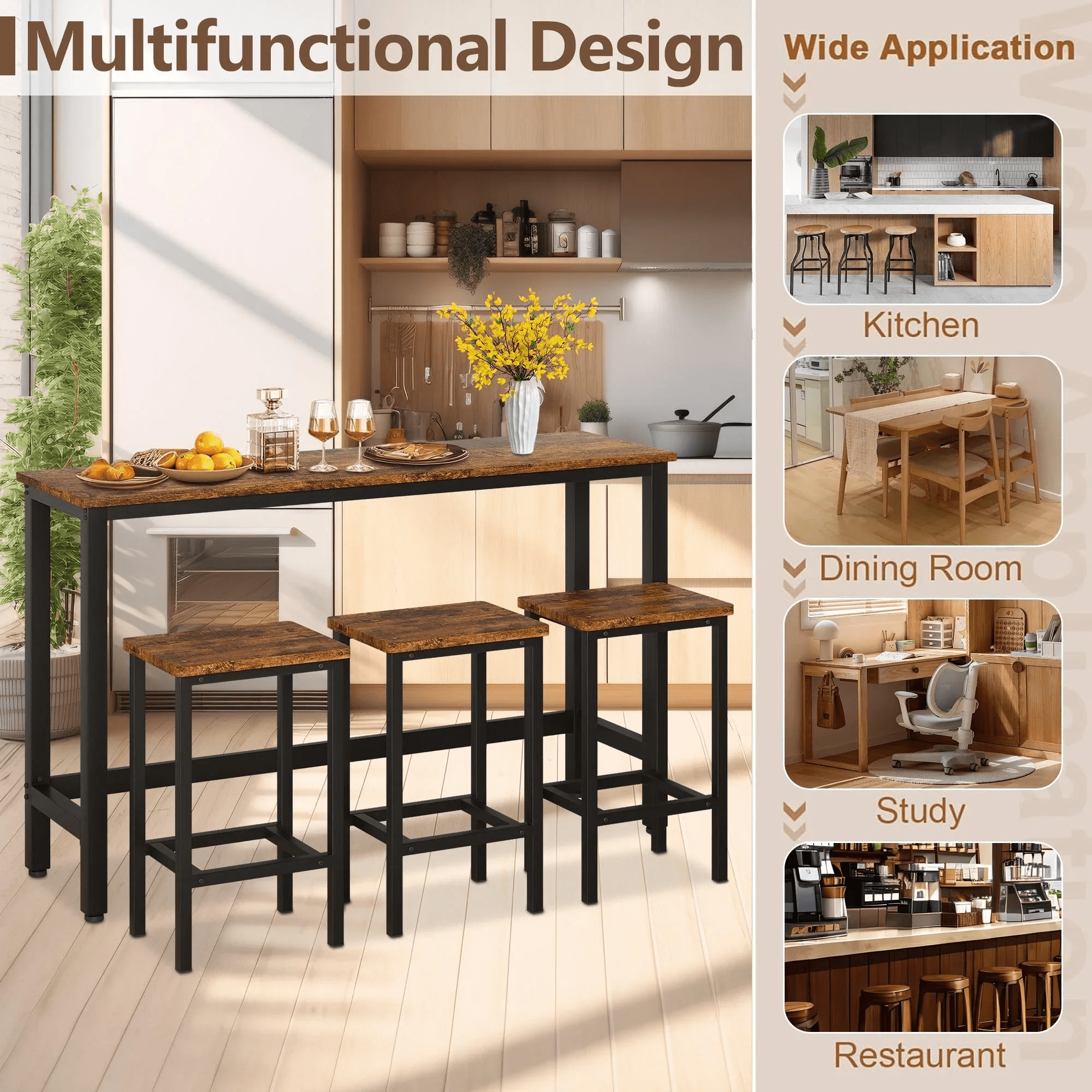 Small Kitchen Table Set for 3, Modern Dining Room Table Set with 3 Stools, Extra Long Bar Table Set, Wooden Pub Table, and Chairs Set, Saving Space Patio Restaurant Bistro Table Set, Brown