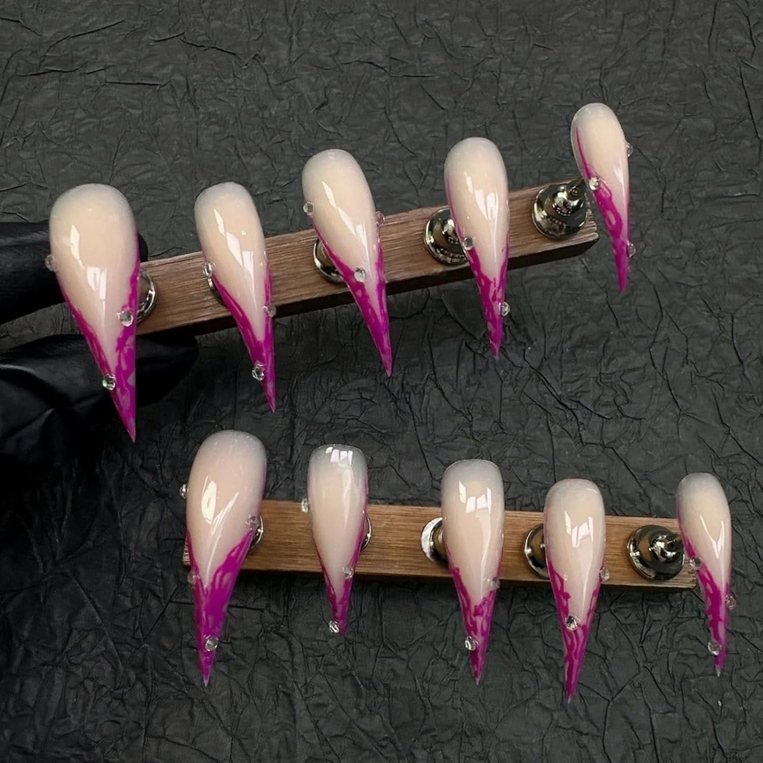 Cat Claw Press on Nails Nude with Purple French Trim Long Stiletto Handmade Reusable Thick Acrylic Cat Dragon Eagle Claw False Nail Glossy Glue on Nail with Y2K Style Design