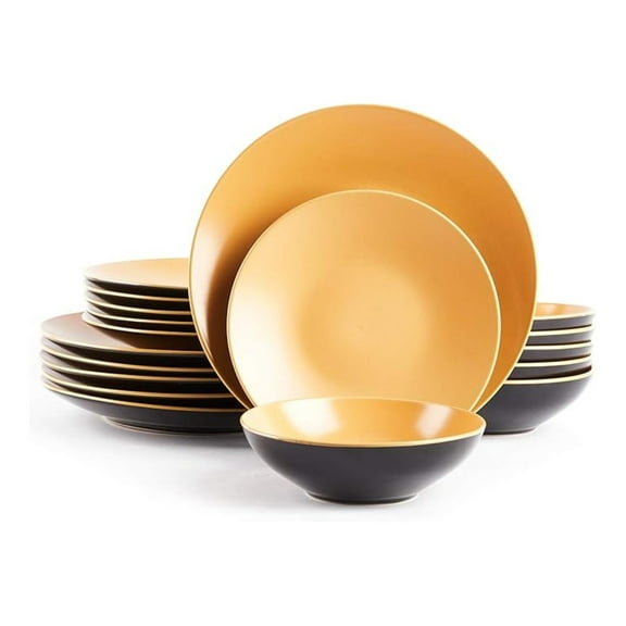 Stoneware Dinnerware Set 18pc - Two-Tone Black & Curry, Dishwasher Safe - Service for 6, Modern Coupe Shape