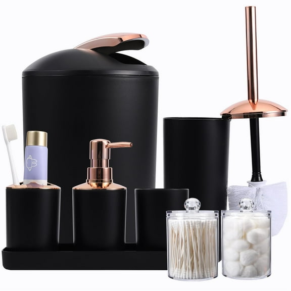 WSBArt 8 Pieces Bathroom Accessories Set - Garbage Can with Swing Lid, Soap Dispenser, Self Draining Soap Dish, Toilet Brush with Holder, Toothbrush Holder, Mouthwash Cup, Qtip Holder Dispensers