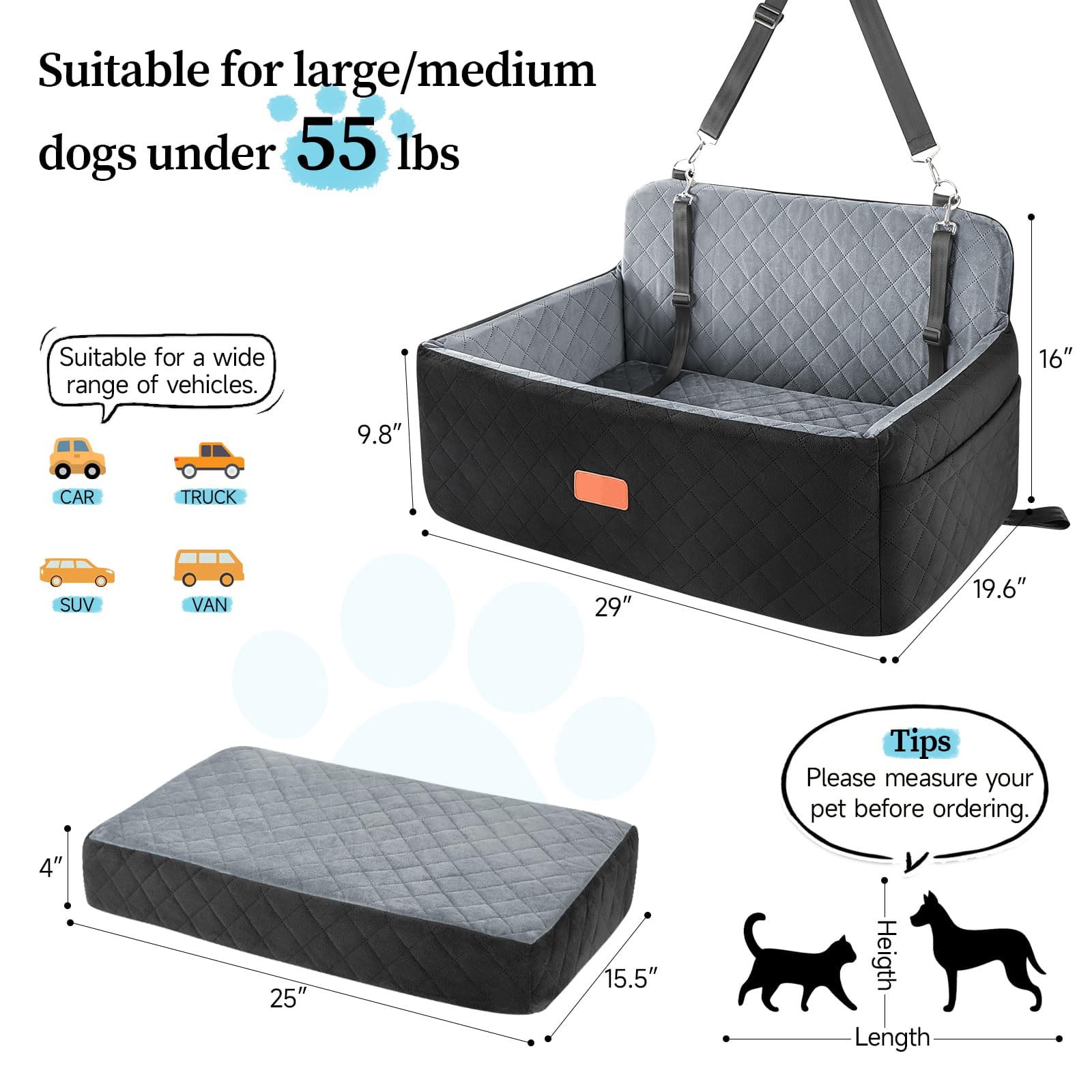 Dog Car Seat for Medium and Large Dogs up to 55 lbs – Washable Pet Car Bed with Safety Leashes, Booster Dog Seat for Car Backseat for 2 Small Dogs or One Large Pet – Dog Bed for Car Travel