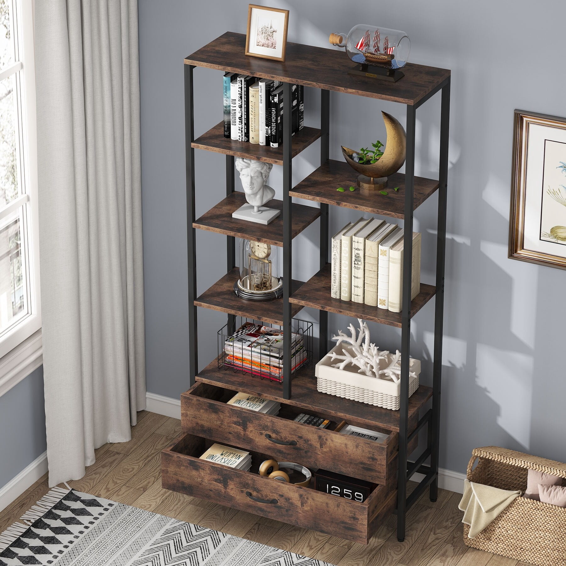 Tall Bookcase with Drawers, Industrial Open Bookshelves with Storage