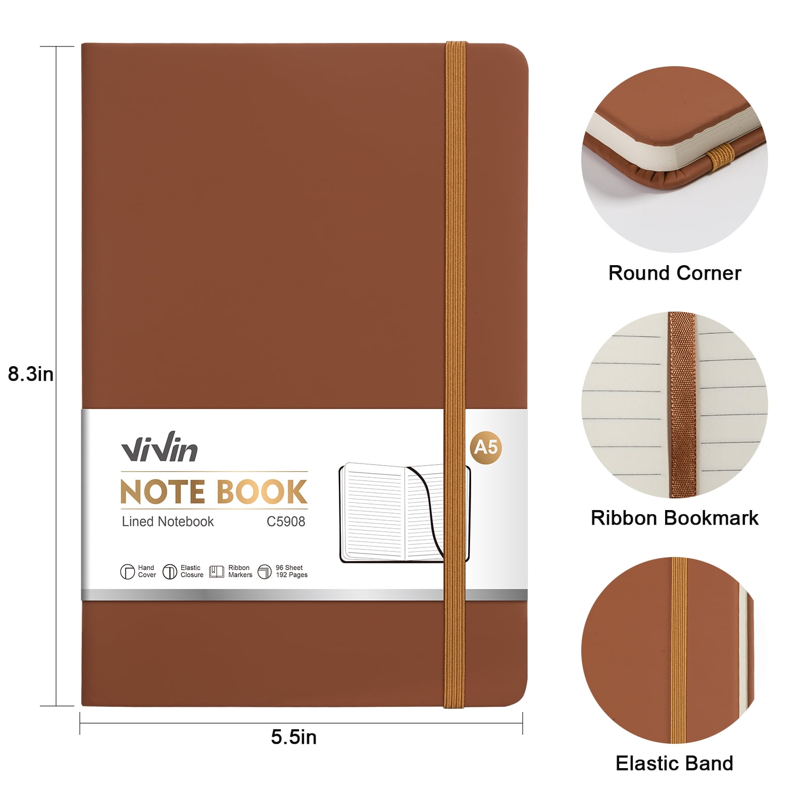Vivin 8 Pack Lined Journal Notebooks for Writing, 192 Pages, 5.5 x 8.3 inch, Hardcover, Brown