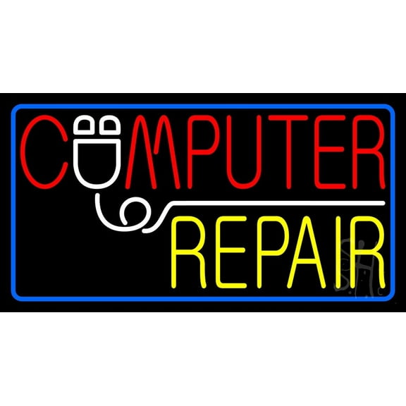 Computer Repair Border LED Neon Sign 13 x 24 - inches, Clear Edge Cut Acrylic Backing, with Dimmer - Bright and Premium built indoor LED Neon Sign for Computer & Electronics store decor.