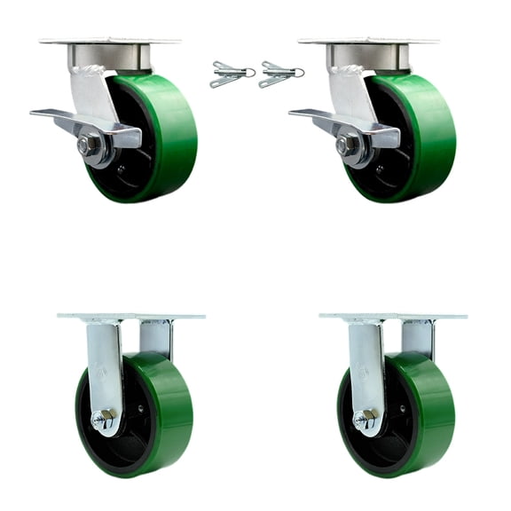 5 Inch KP Green Poly on Cast Iron Caster Set w/Ball Bearings 2 Swvl Lock 2 Rigid