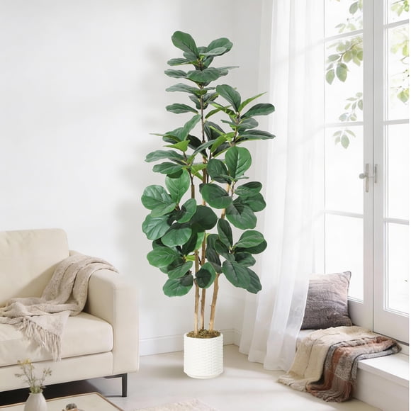 EDTara Indoor Artificial Fiddle Leaf Fig Tree, Faux Ficus Lyrata In Modern White Planter With Natural Wood Trunk