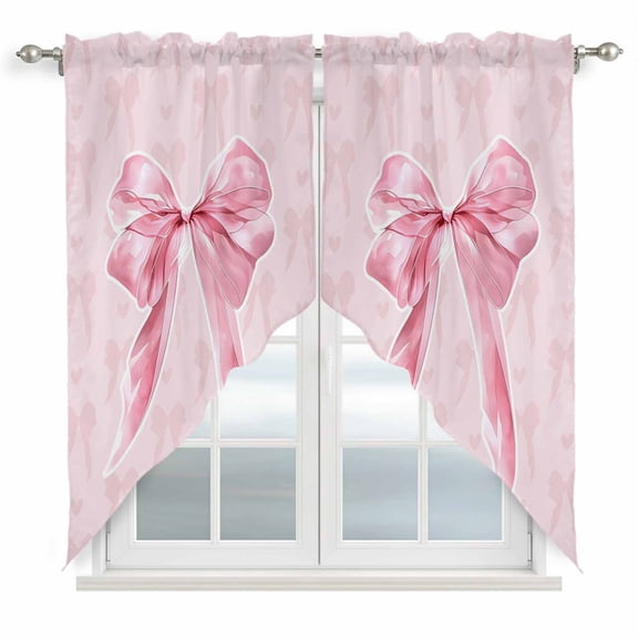 Pink Bow Swag Curtains for Kitchen/Bedroom/Living Room, Cute Watercolor Girls Cartoon Luxury Scalloped Curtains 63 Inch Long, Rod Pocket Window Swag Topper Curtains Valances 2 Panels Set 36"x63"