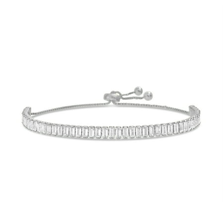 Baguette Rope Bracelet Lesa Michele Women's Cubic Zirconia Baguette Shaped Adjustable Slider Tennis Bracelet in Rhodium Plated Sterling Silver ()