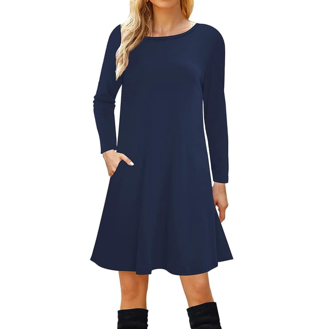 Vestido camiseta de manga larga para mujer: corte holgado informal, bolsillos, largo midi hasta la rodilla