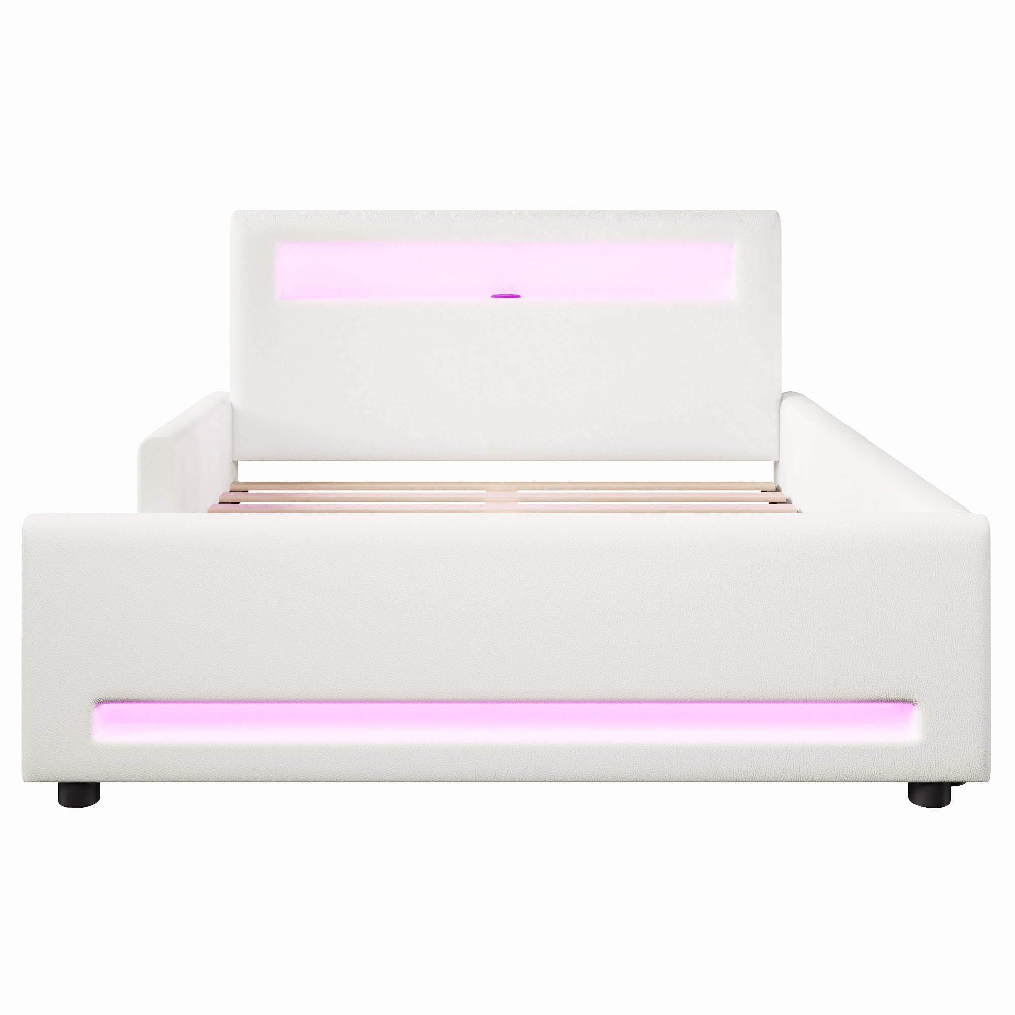 Euroco Upholstered Full Size Platform Bed with LED Light and USB Ports, 2 Drawers, White
