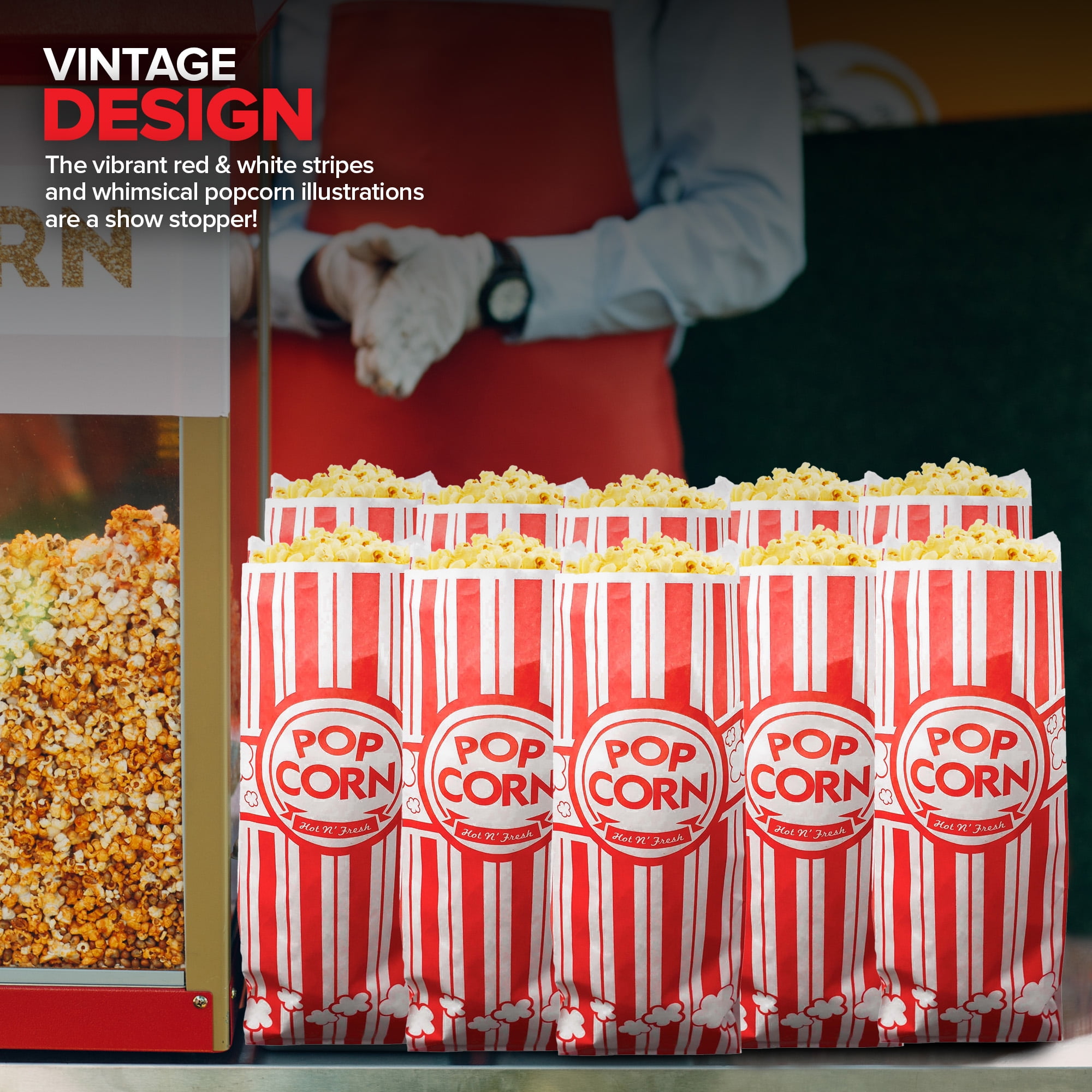 Stock Your Home 2 oz Paper Popcorn Bags Bulk (100 Pack) Large Red & White Pop-Corn Bag Disposable