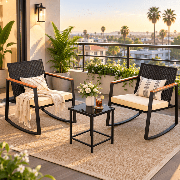 Gizoon 3 Piece Outdoor Patio Furniture Set, Rocking Chairs Set with Glass Side Table and Cushions for Balcony/Porch, Beige
