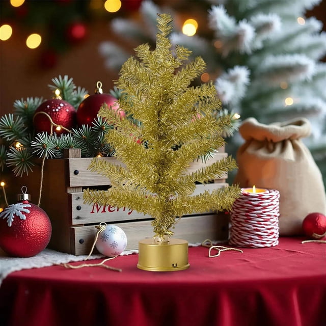 Mini Christmas Tree with Lights Music Box Rotating Base LED Illuminated Electroplated Decorative Bonsai Style Artificial Tree 6 in
