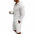 thumbnail image 2 of LWavelet Men's Striped Linen Hooded Shirt and Shorts Set Casual Two Piece Outfit White L, 2 of 5