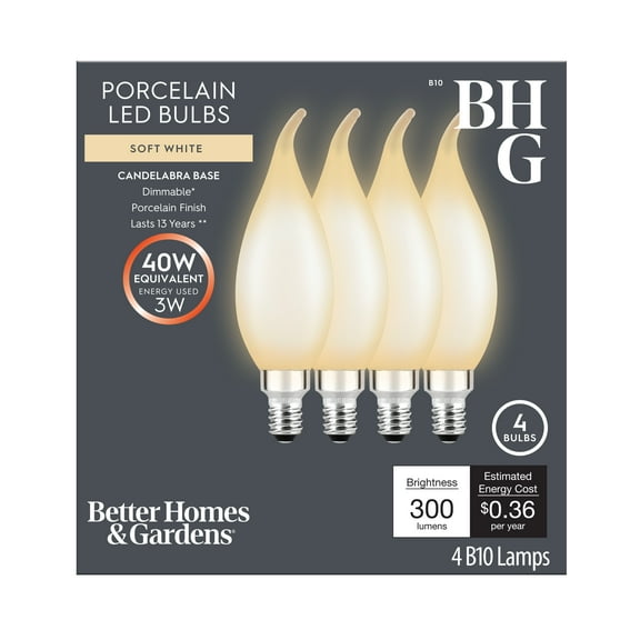 BHG LED 3.5W (40W Eqv) Soft White B10 Vintage Light Bulb, Porcelain, Bent Tip, E12, Dim, (4 Pack)