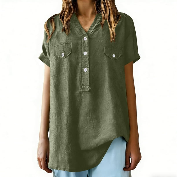 Karight Cotton Linen Shirts for Women Summer Short Sleeve V Neck Button Down Tops Dressy Casual Oversized Tshirts