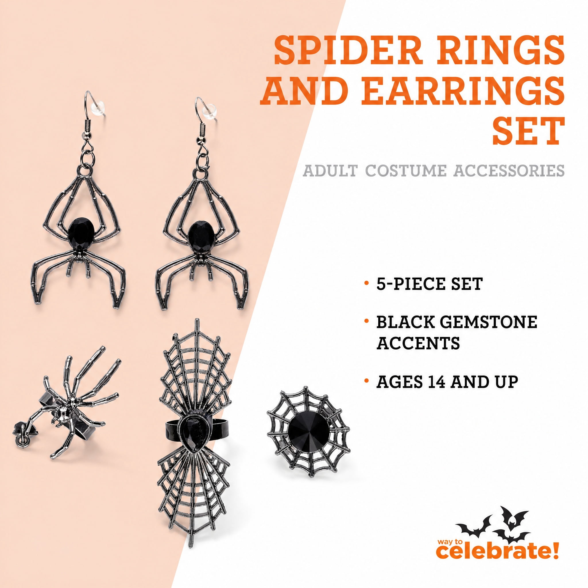 Spider Rings and Earrings Costume Accessory Set for Adults, Black, 5 Pieces, Halloween by Way To Celebrate