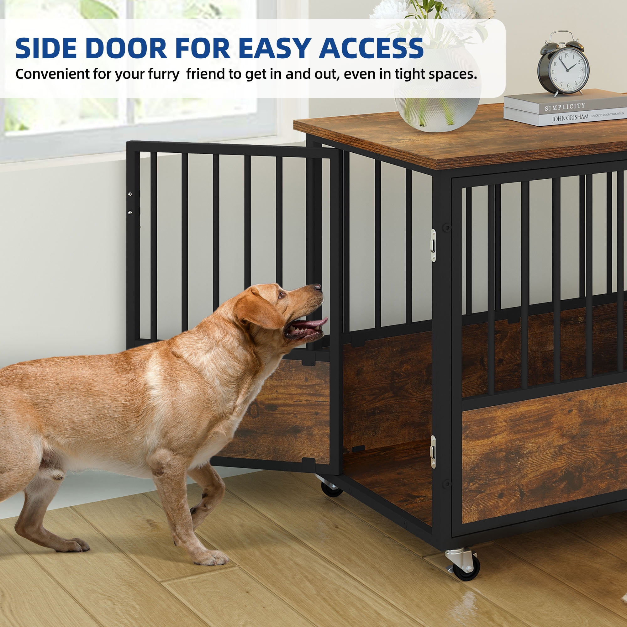 Uforic 38-Inch Wooden Dog Crate Furniture with Wheels and Double-Doors,Dog Kennel,Dog Cage for Indoor - Rustic Brown