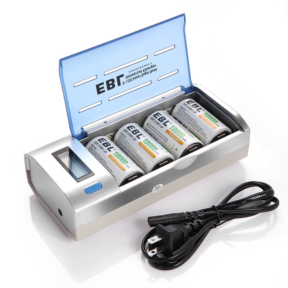 EBL D Cell Batteries 10,000mAh Ni-MH Rechargeable 1.2V (8-Pack) with Smart Battery Charger for C D AA AAA 9V Ni-MH Ni-CD Rechargeable Batteries with Discharge Function & LCD Display