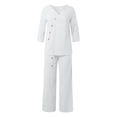 thumbnail image 3 of Women's Solid Color And Linen Three Quarter Sleeve Top And Wide Leg Pants Two Piece Set Womens Party Outfits Women Tuxedo Suit Snow Suit plus Size Women plus Size Snow Bibs for Women Rompers with Open, 3 of 6