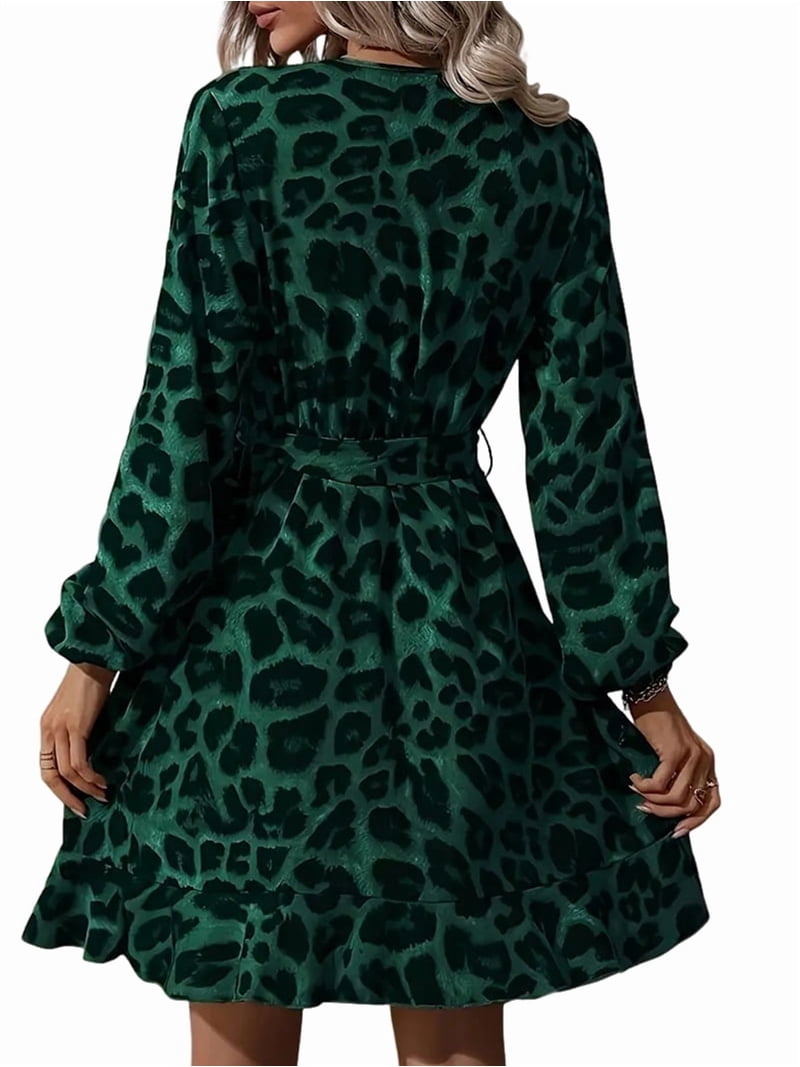 Leopard Glitter Dress Cheetah Ruffle Belted V Neck A Line Long Sleeve  Elegant Casual Dress Dark Green M - Walmart.com
