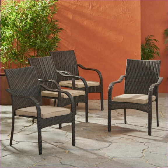 Outdoor Chairs | 4-Piece Stackable Modern Patio Wicker Chairs with Water-Resistant Cushions | Tan Brown | Resin