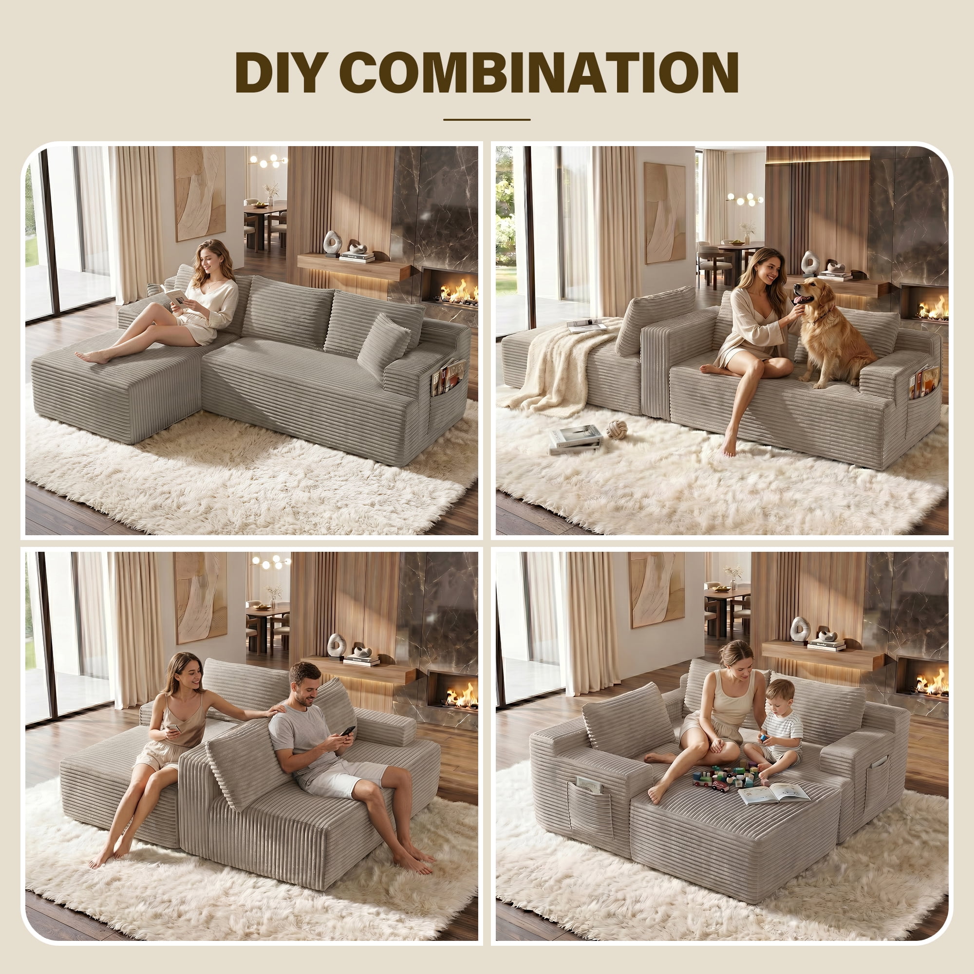 Aukfa 96" Cloud Sectional Couch, Modular L Shaped Boneless Sofa with Left Facing Chaise&2 Storage Pockets, Camel
